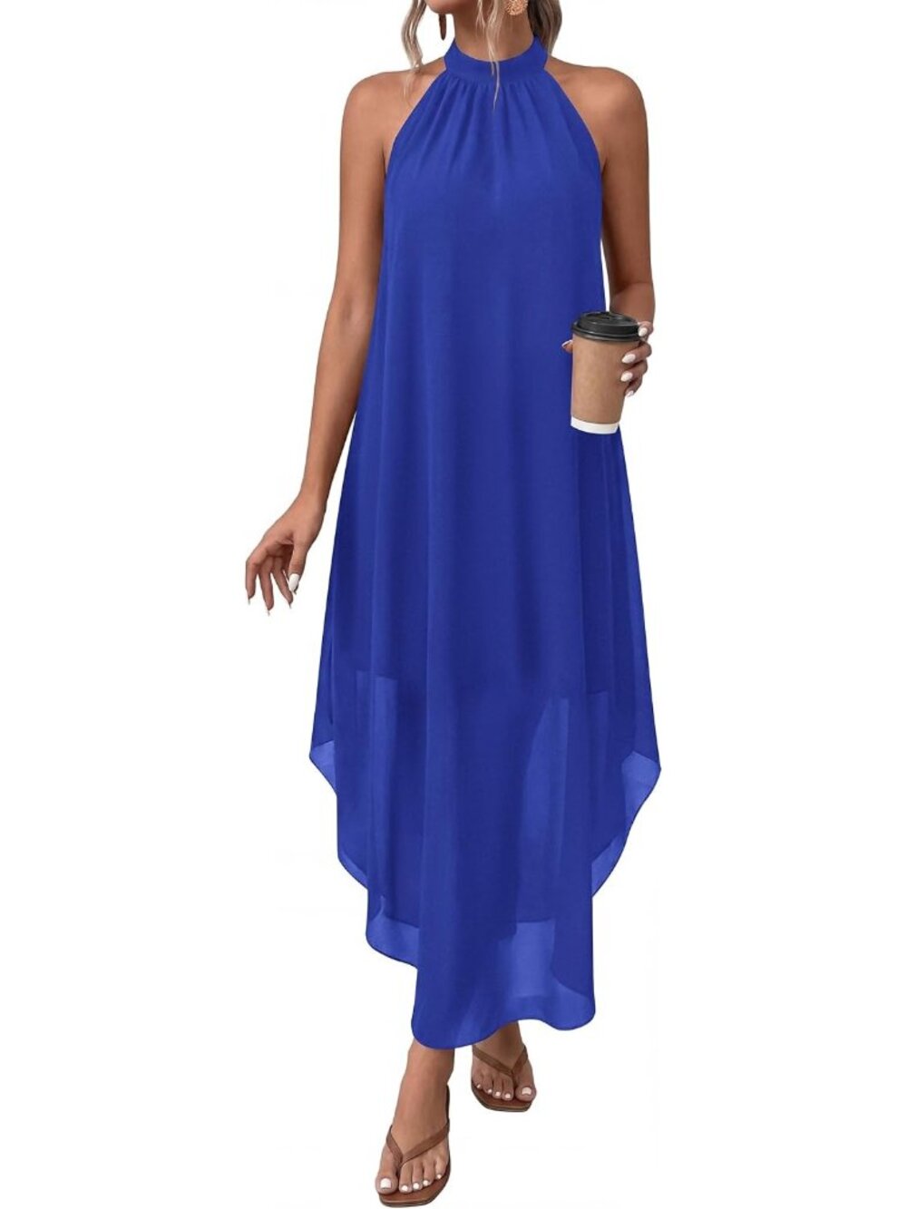 Women's Blue Summer Long Flowy Wedding Guest Halter Pockets Maxi Party Dresses